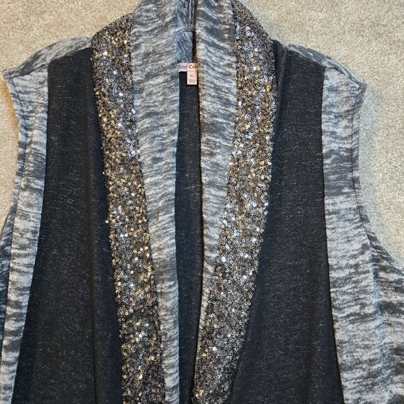 Juicy Couture Long Vest Sequin Trim Pockets Gray Open Front Glam Party Women XL - Picture 3 of 10